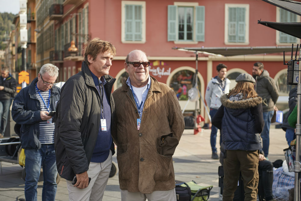 Executive producer Paul McGuinness (right) behind-the-scenes of Riviera Season 2