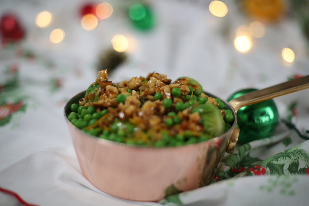 Peas and Brussels Sprouts with Hazelnut and Orange Glaze