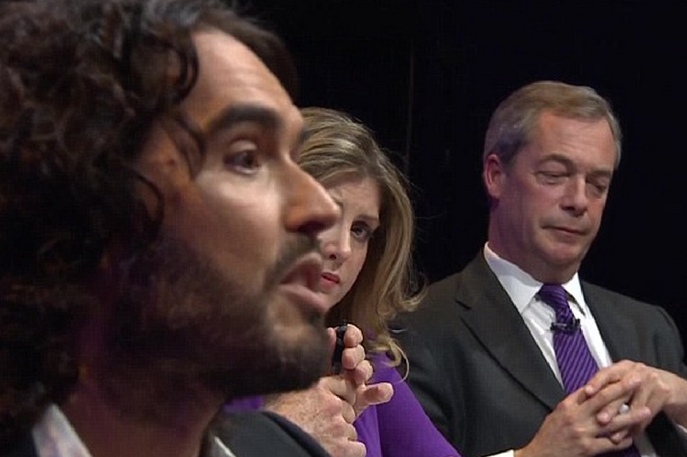 Russell Brand, Penny Mordaunt and Nigel Farage / Credit: BBC