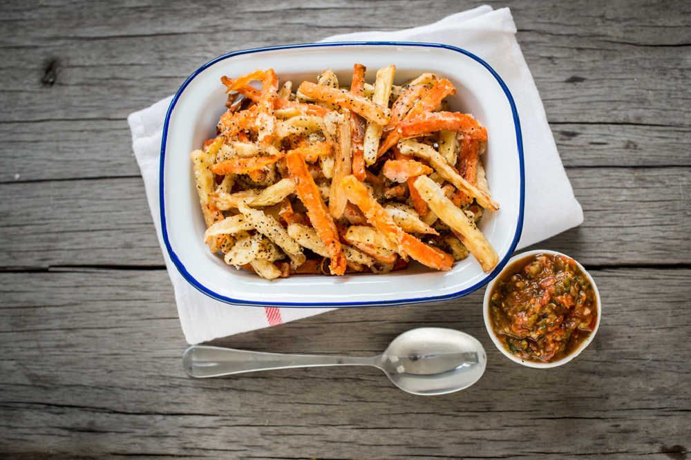 Carrot and Parsnip Fries with a Spicy Salsa Dipping Sauce