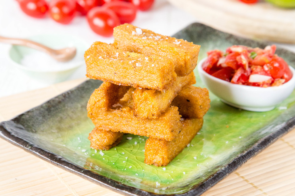 Cheezy Baked Polenta Chips With A White Miso Salsa