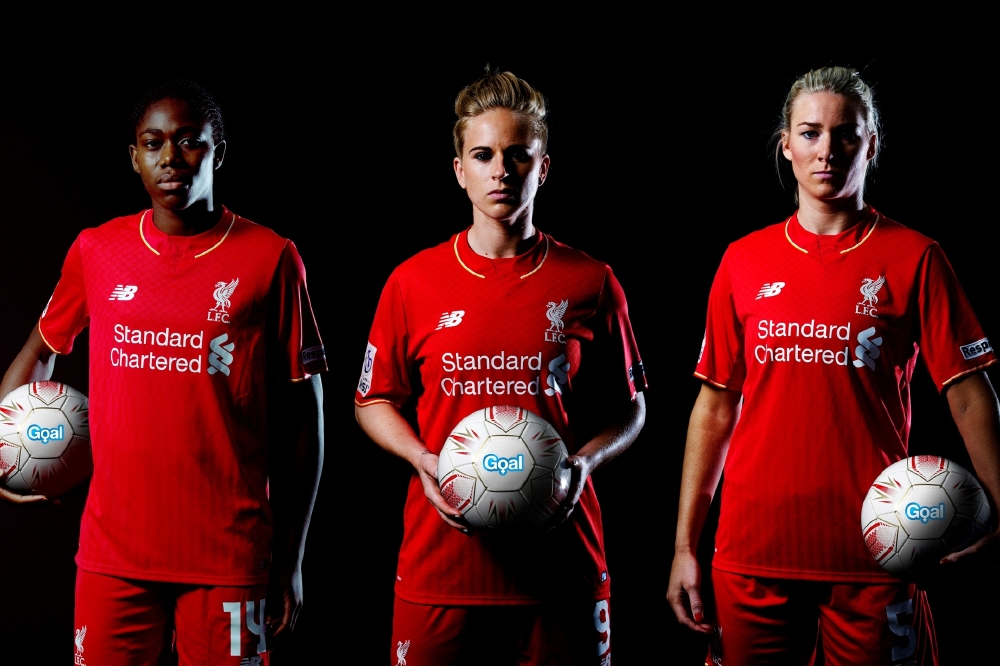 (L-R) Asisat Oshoala, Natasha Dowie and Gemma Bonner of Liverpool Ladies FC