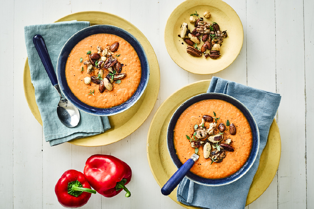 Vegan Red Pepper And Lentil Soup With Roasted Rosemary Nuts