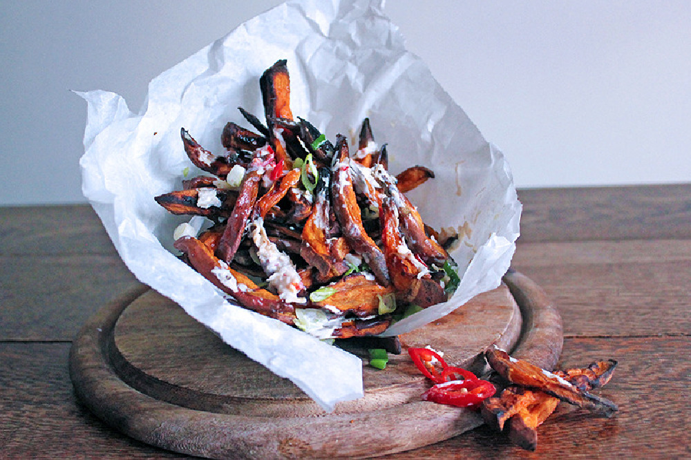 Sweet Potato Chips with Crab and Cream Cheese Drizzle