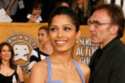 Freida Pinto matches her blue eyes to her dress