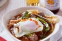 Thai Brunch: Rice soup with pork balls, ginger and poached egg