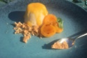 Vegan silken tofu panna cotta with roasted apricots and amaretti biscuit crumb