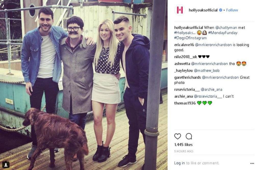 Alan Carr on set with Jacob Roberts, Amanda Clapham and Kieron Richardson (c) Hollyoaks/Instagram