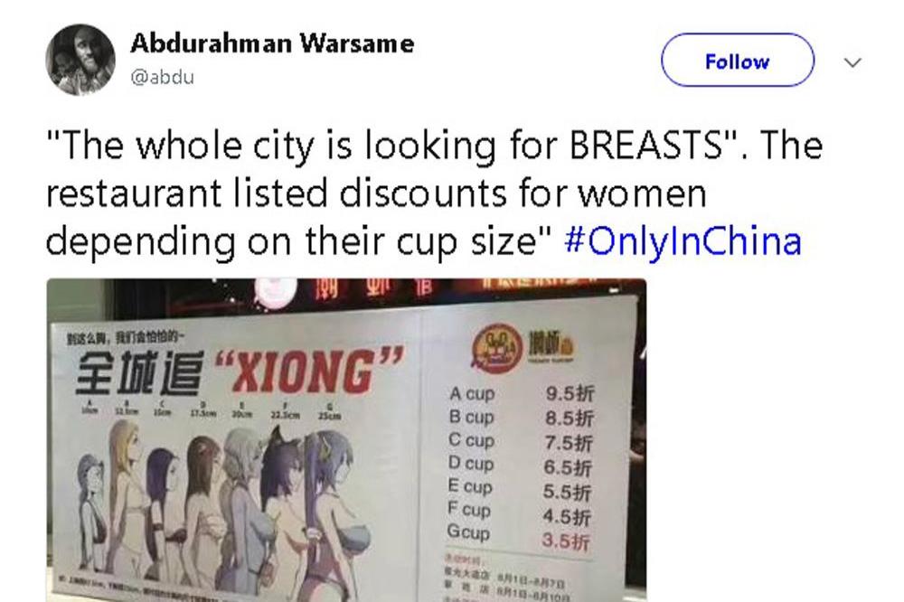 Big boobs get bigger discount at Chinese restaurant 
