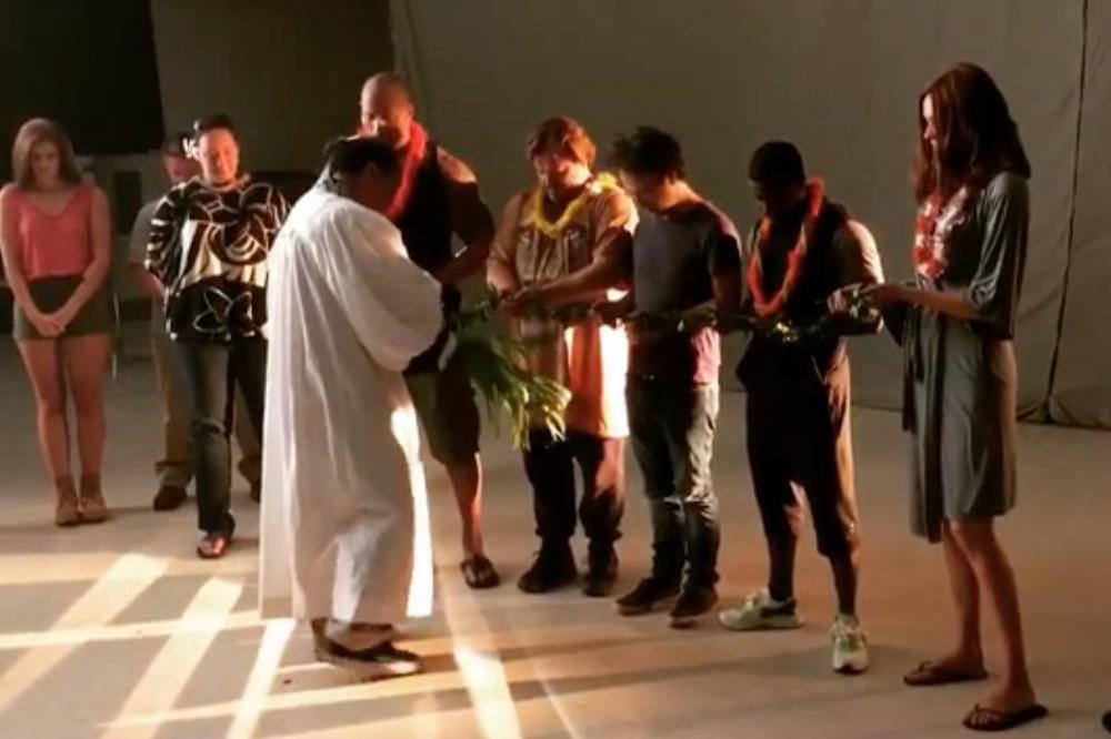 Dwayne Johnson and crew receive blessing (c) Instagram