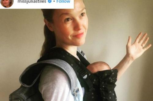 Julia Stiles Carries Son Strummer In A Front Pack 