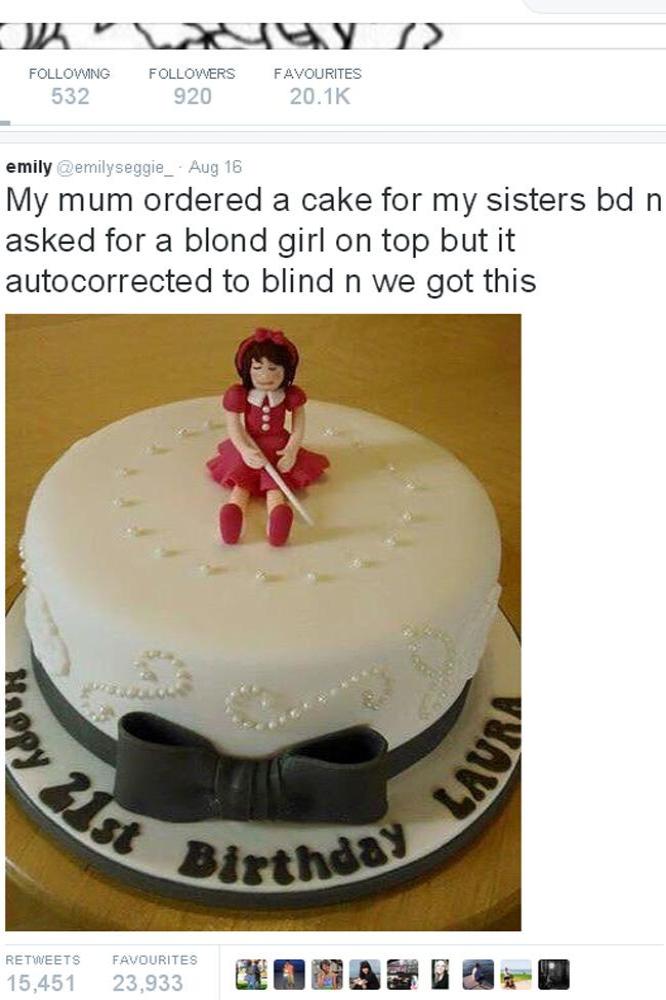 Cake topped with blind girl in autocorrect fail
