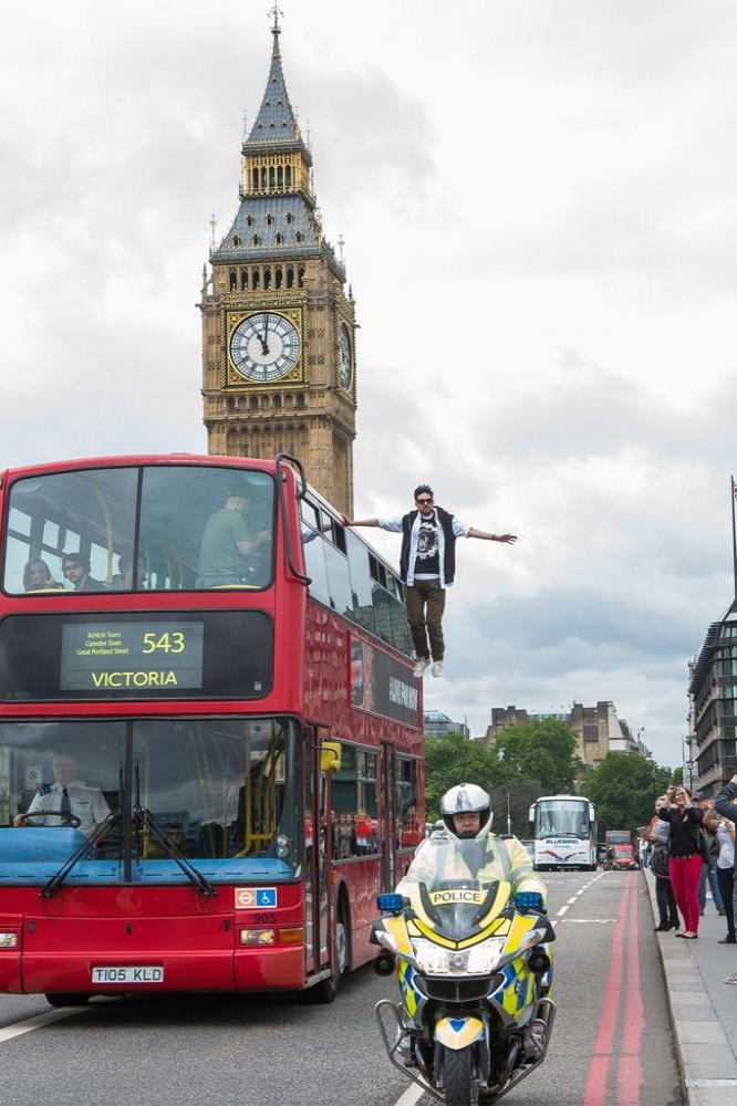 Dynamo launches new partnership with Pepsi MAX by levitating on an iconic London Red Bus as it travels across Westminster Bridge. #LiveforNOW