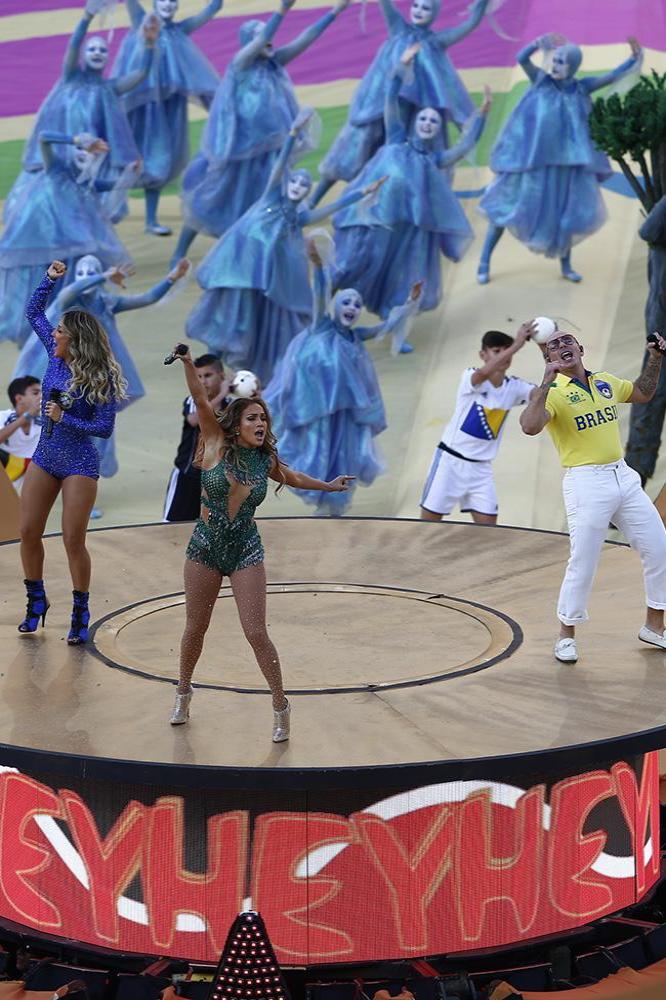 Jennifer Lopez, Pitbull and Claudia Leitte performing at the opening ceremony in Brazil