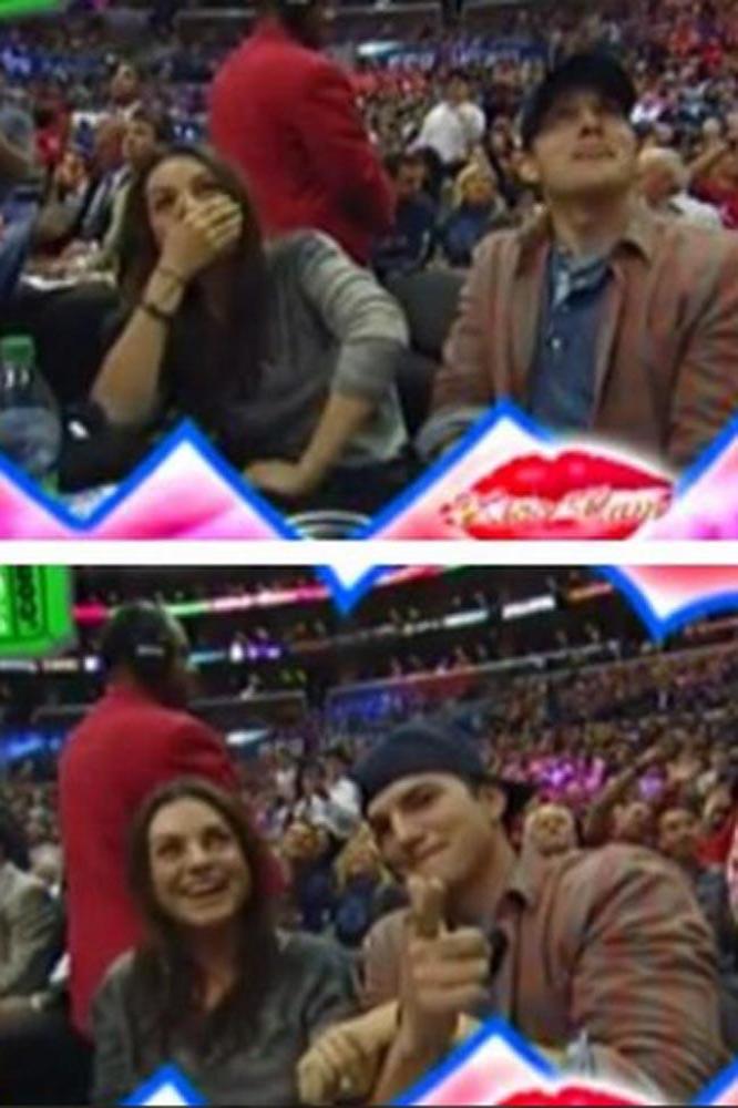 Mila Kunis and Ashton Kutcher on the Kiss Cam (c) Los Angeles Clippers Twitter