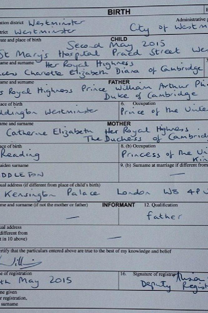 Princess Charlotte's birth registration