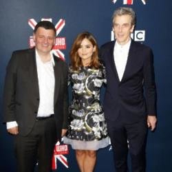 Peter Capaldi with co-star Jenna Coleman and showrunner Steven Moffat