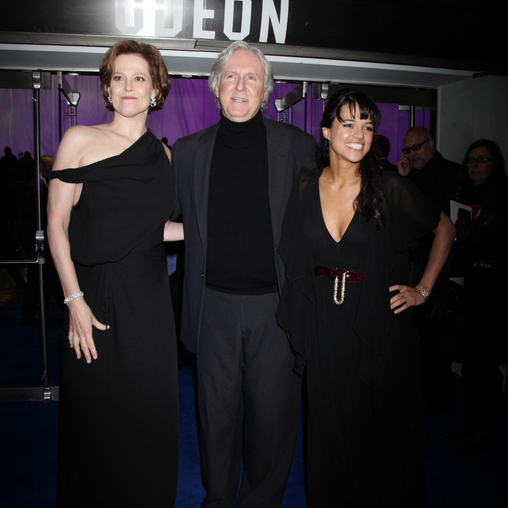 (Left to right) Sigourney Weaver, director James Cameron and Zoe Saldana at the world premiere of Avatar in London, held in December 2009