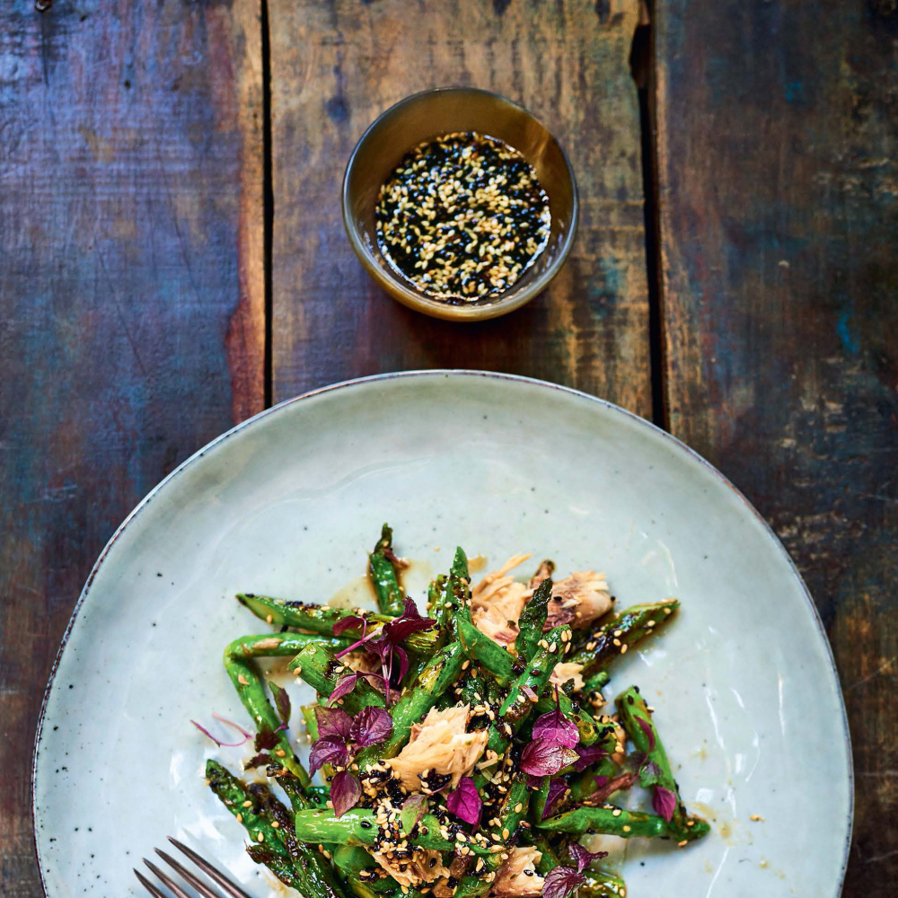Mackerel asparagus salad with sesame vinaigrette from The Tinned Fish Cookbook by Bart Van Olphen (David Loftus/PA)