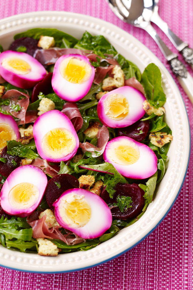 Beetroot Stained Boiled Eggs & Parma Ham Salad