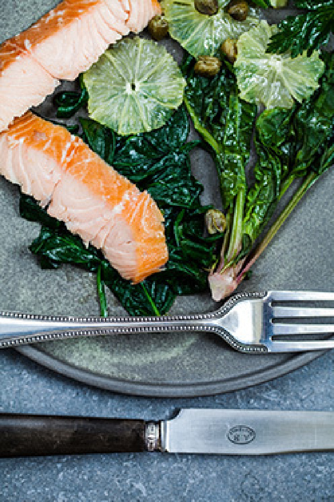 Hot Smoked Salmon, Wilted Spinach & Lemon Salad