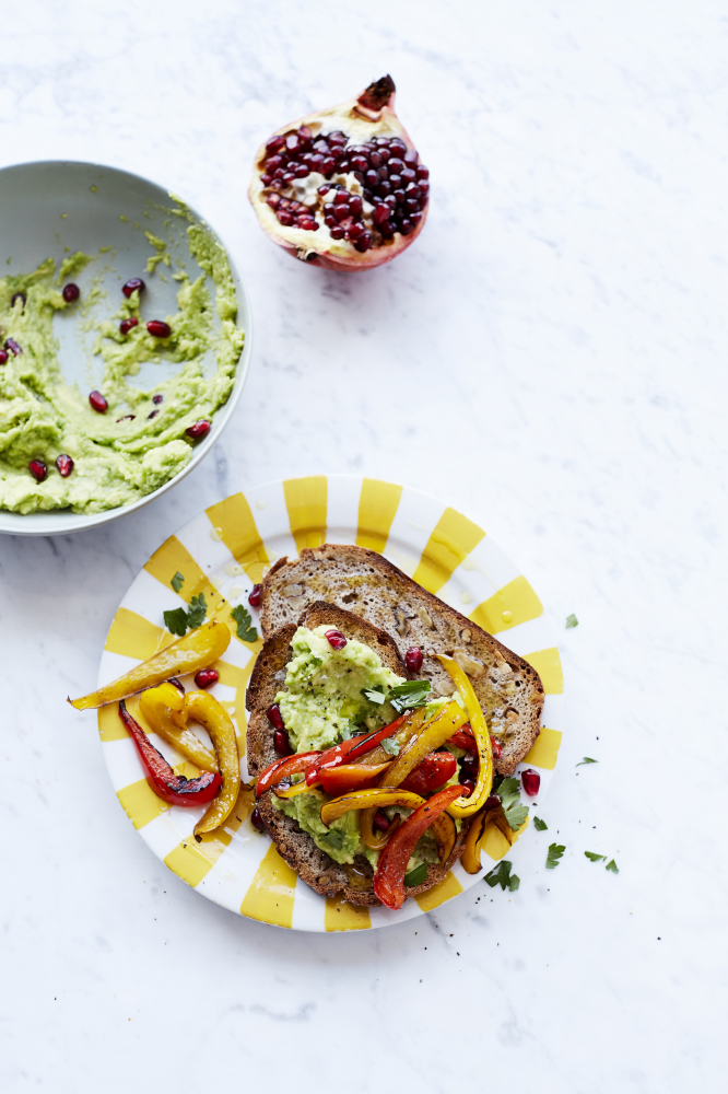 Jewelled Guacamole and Roasted Red Peppers on Rye Bread