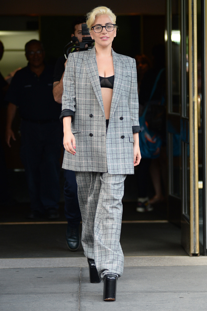 Lady Gaga in an oversized check suit