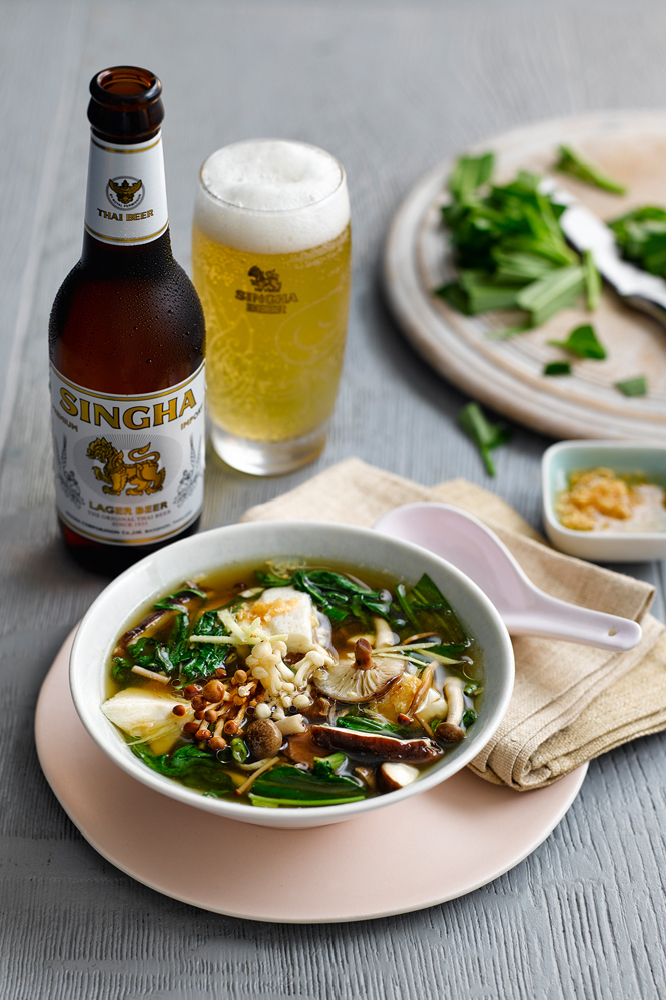 Thai Style Simple Soup Of Silken Tofu, Asian Mushrooms & Morning Glory