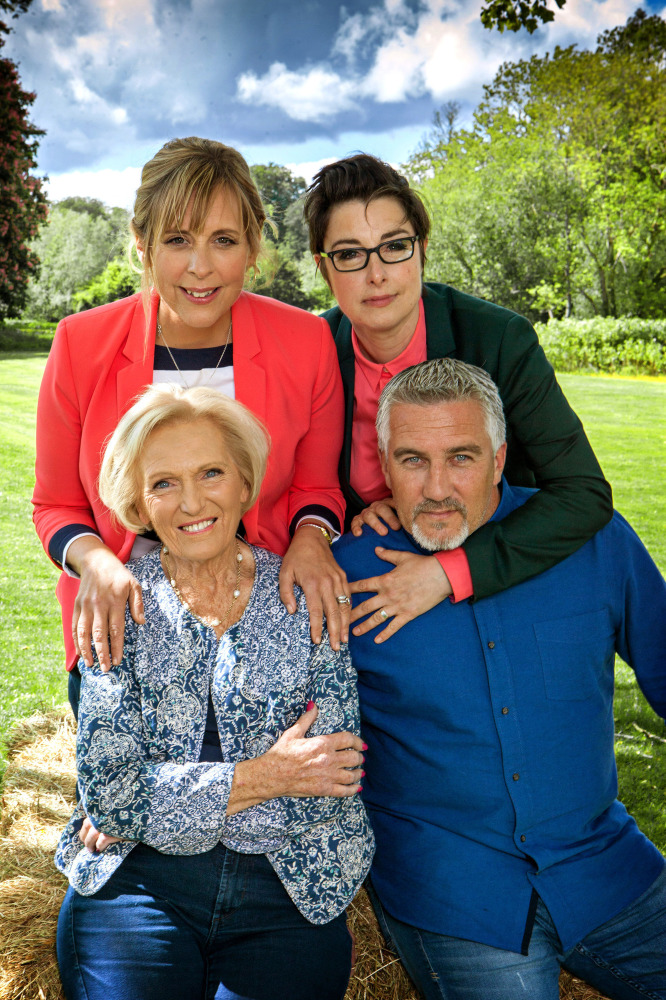 Current Bake Off hosts Mel and Sue with Mary Berry and Paul Hollywood / Credit: BBC