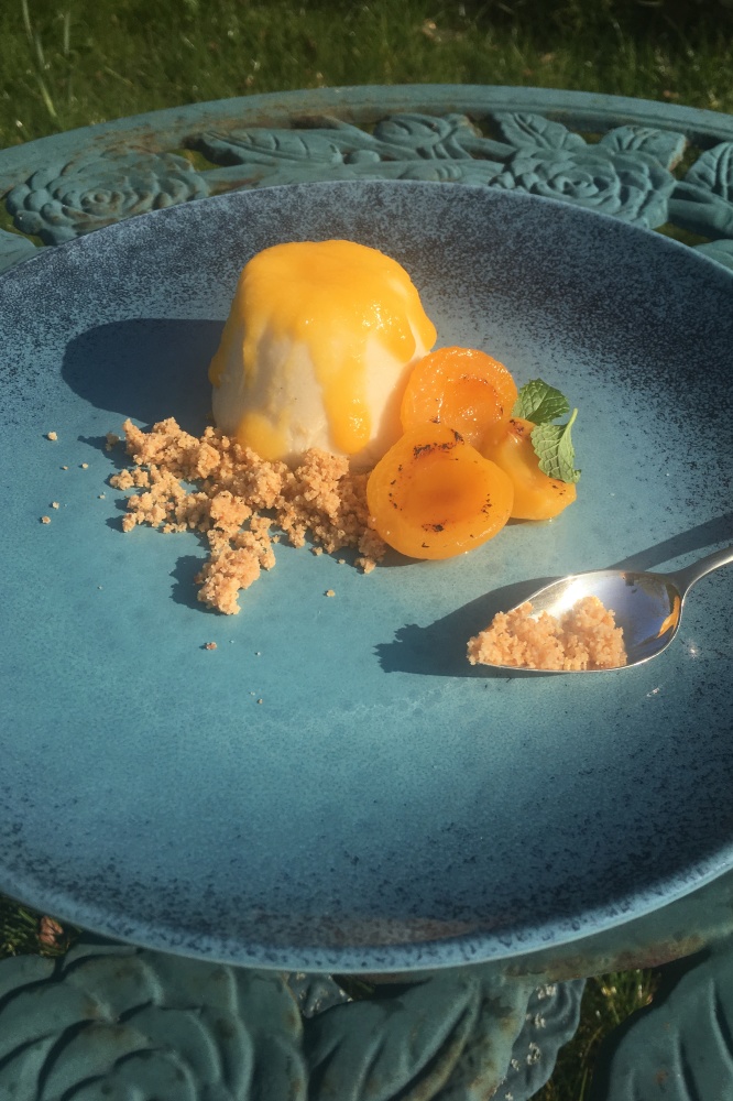 Vegan silken tofu panna cotta with roasted apricots and amaretti biscuit crumb