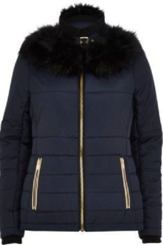 River Island Navy Faux-Fur Collar padded jacket