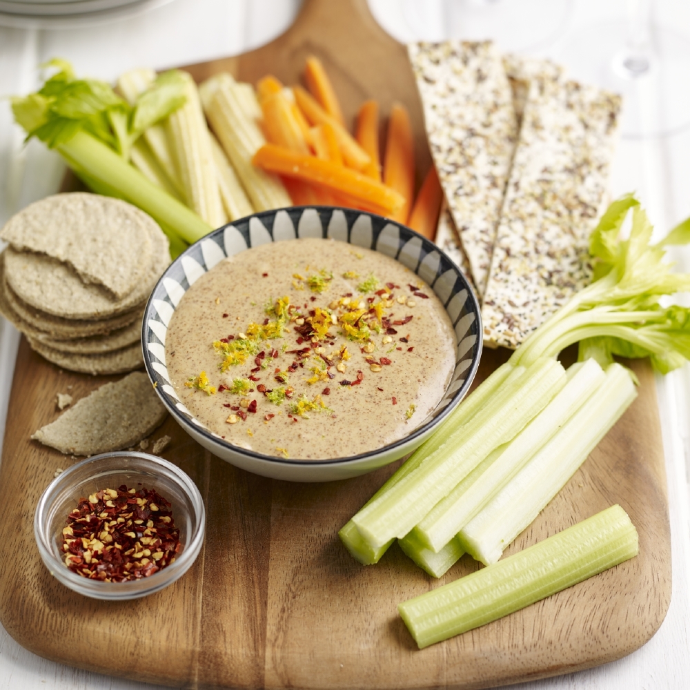 Almond Satay Dip with Flat Breads and Veg