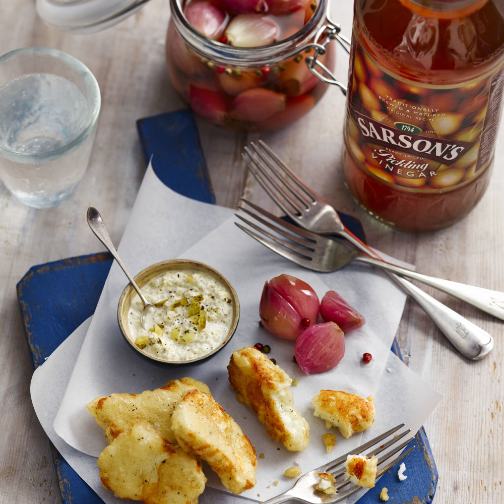 Beer-battered halloumi with homemade pickled onions and tartar sauce