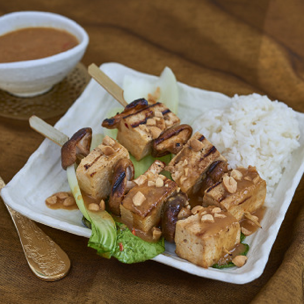 Tofu And Shiitake Satay Served With Pak Choi