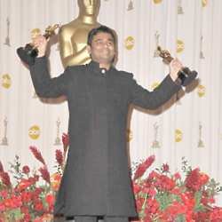 A.R Rahman looking very happy after picking up two Oscars for Slumdog Millionaire