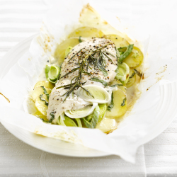 Chicken and potatoes in a white wine and tarragon sauce 