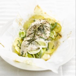 Chicken and potatoes in white wine and tarragon sauce