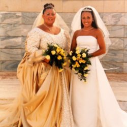 Sarah with her sister on their joint wedding day