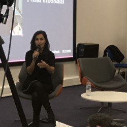 Nina Hossain speaks to an audience at Leeds Trinity Journalism and Media Week