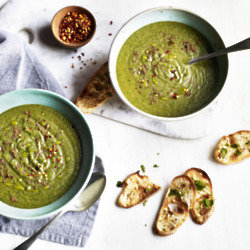 Aromatic Potato, Pea & Mint Soup With Garlic Toasts
