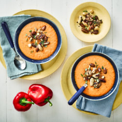 Vegan Red Pepper And Lentil Soup With Roasted Rosemary Nuts