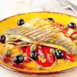 Pan-fried sea bass with Spanish olives, piquillo peppers and dry Sherry