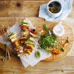 Veggie barbecue skewers with coconut dressing