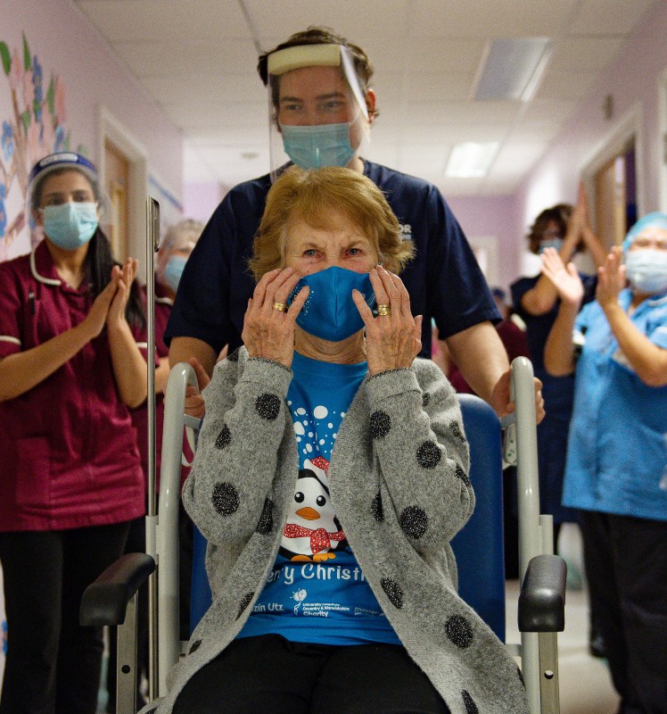 Margaret Keenan was applauded by staff as she was returned to her ward following her Covid-19 vaccine / Picture Credit: Jacob King/PA Wire/PA Images