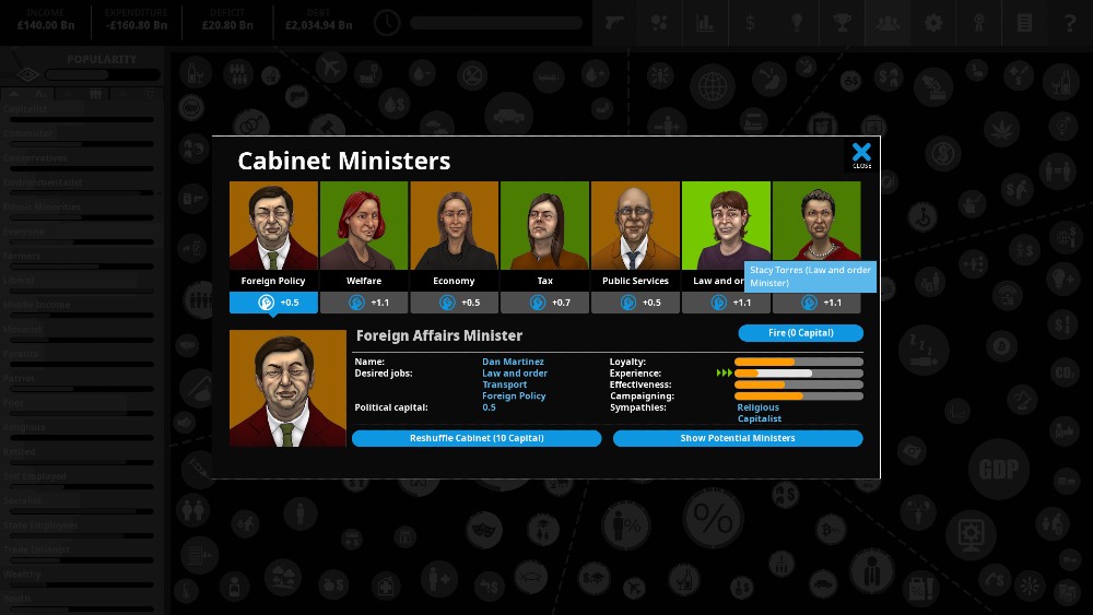 Keep your loyal cabinet ministers close, and fire those who work against you / Picture Credit: Positech Games