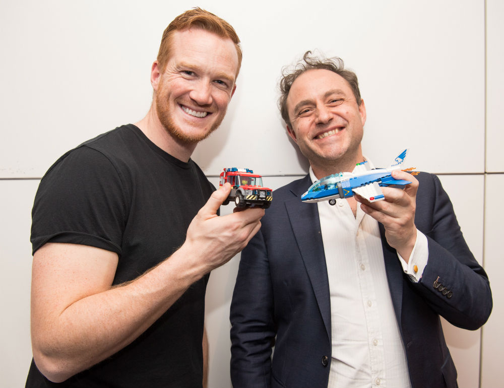 Dr. Sam Wass and Greg Rutherford at the LEGO City Hero Academy, an event held at the London Transport Museum