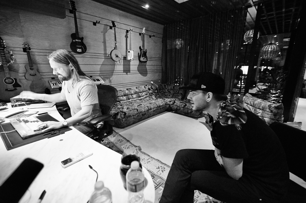Max Martin and Adam Lambert in the studio