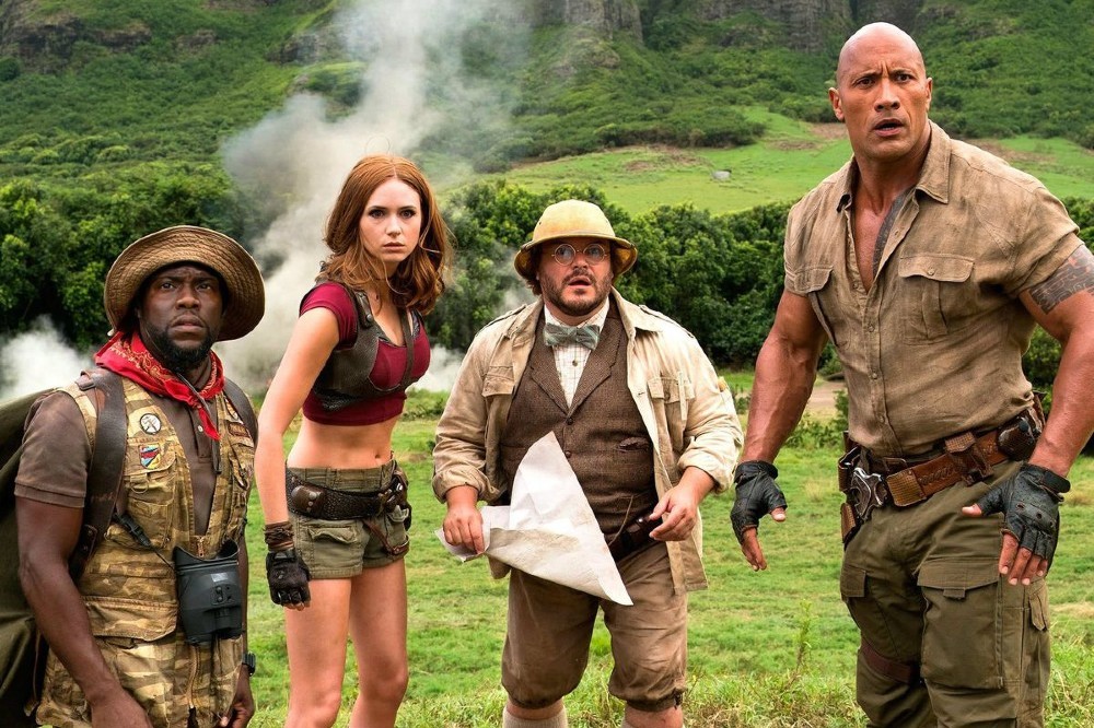 Kevin Hart, Karen Gillan, Jack Black, and Dwayne Johnson in Jumanji: Welcome to the Jungle / Picture Credit: Columbia Pictures