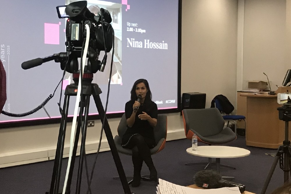 Nina Hossain speaks to an audience at Leeds Trinity Journalism and Media Week
