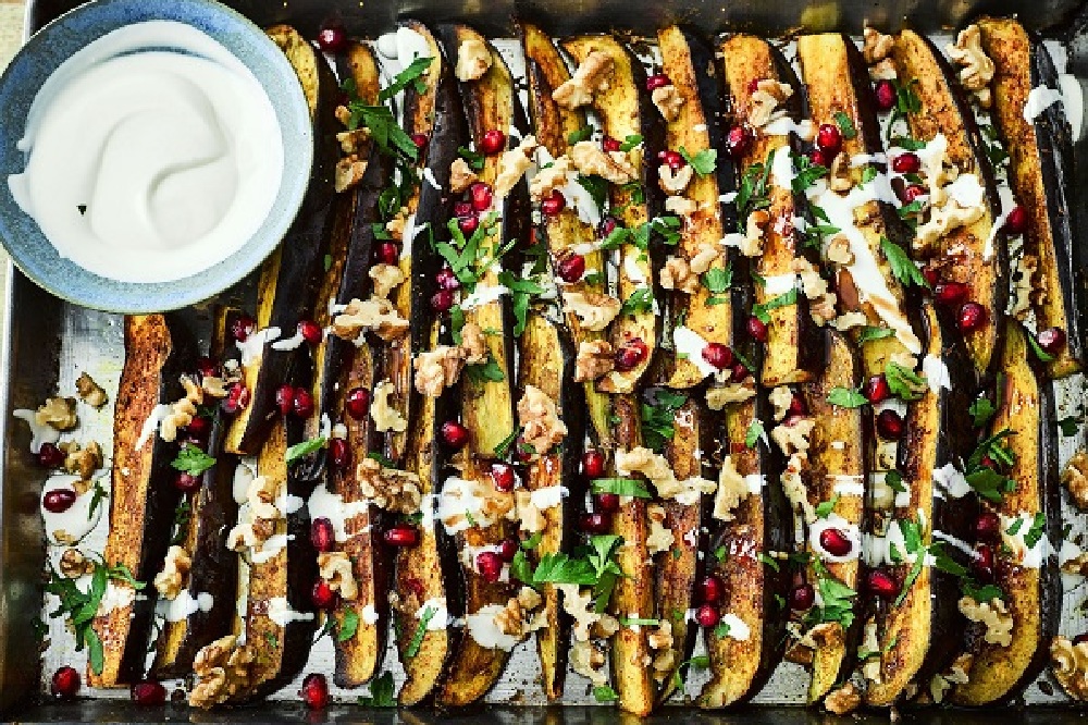 Souk Spiced Aubergines with California Walnuts, Pomegranate and Tahini Yoghurt